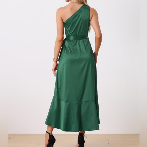 Dark Green Satin Split High Low Ruffle Cocktail One Shoulder Dress Size XL NWOT - Picture 2 of 9